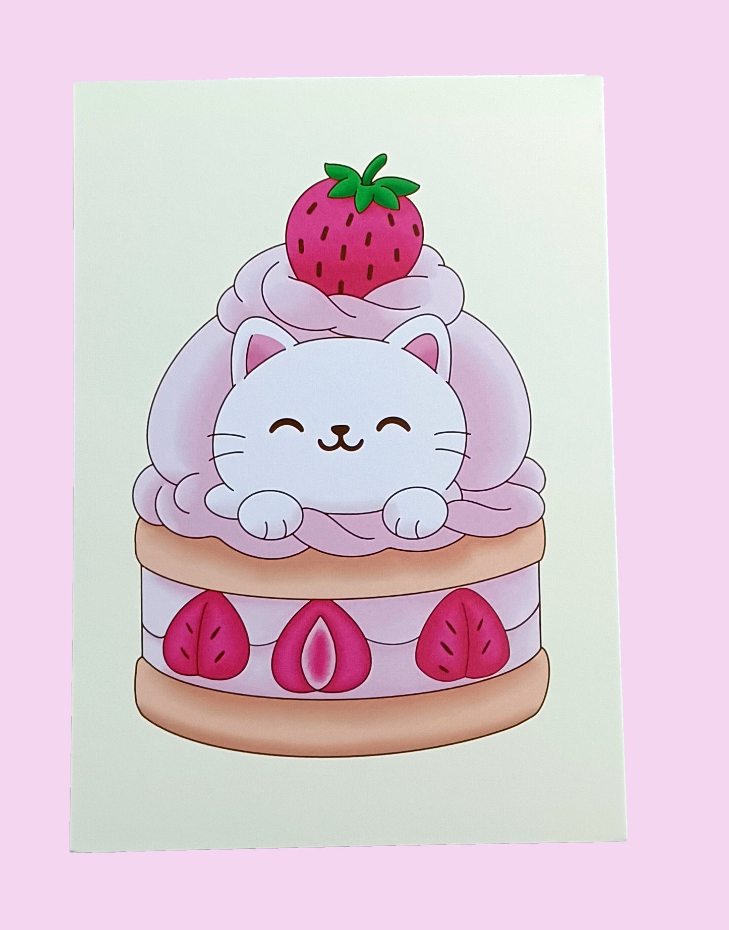 Strawberry Kitty Dessert Print Wall Art Gift Decor Photo Kawaii Style Home Aesthetic Cat Pastel Cute 5x7
