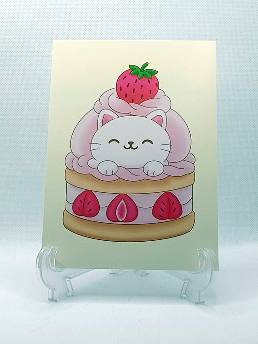 Strawberry Kitty Dessert Print Wall Art Gift Decor Photo Kawaii Style Home Aesthetic Cat Pastel Cute 5x7