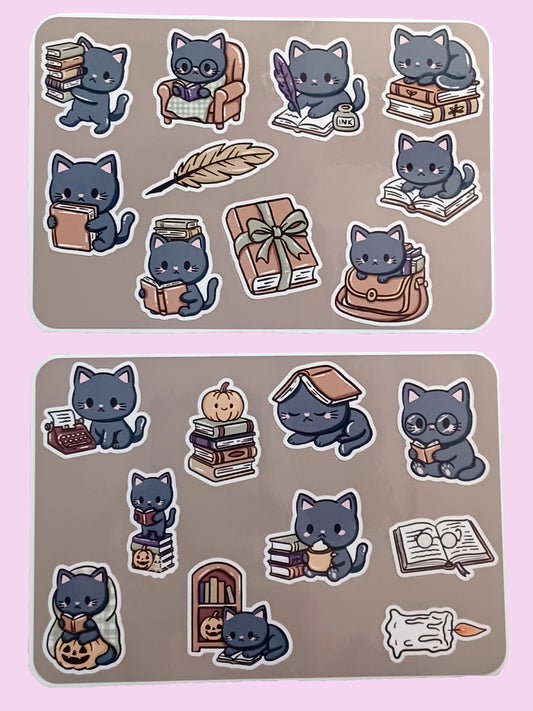 Black Cat Book Worm Sticker Sheet 5.5" x 6.5"