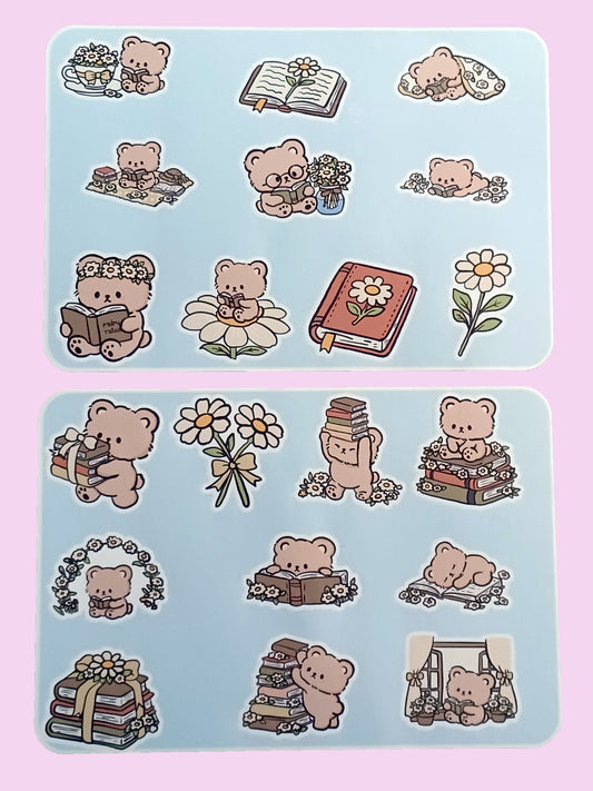 Flower Bear Book Worm Sticker Sheet 5.5" x 6.5"