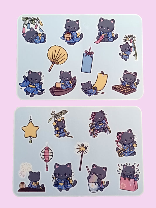 Black Cat in Oriental Festival Sticker Sheet 5.5" x 6.5"