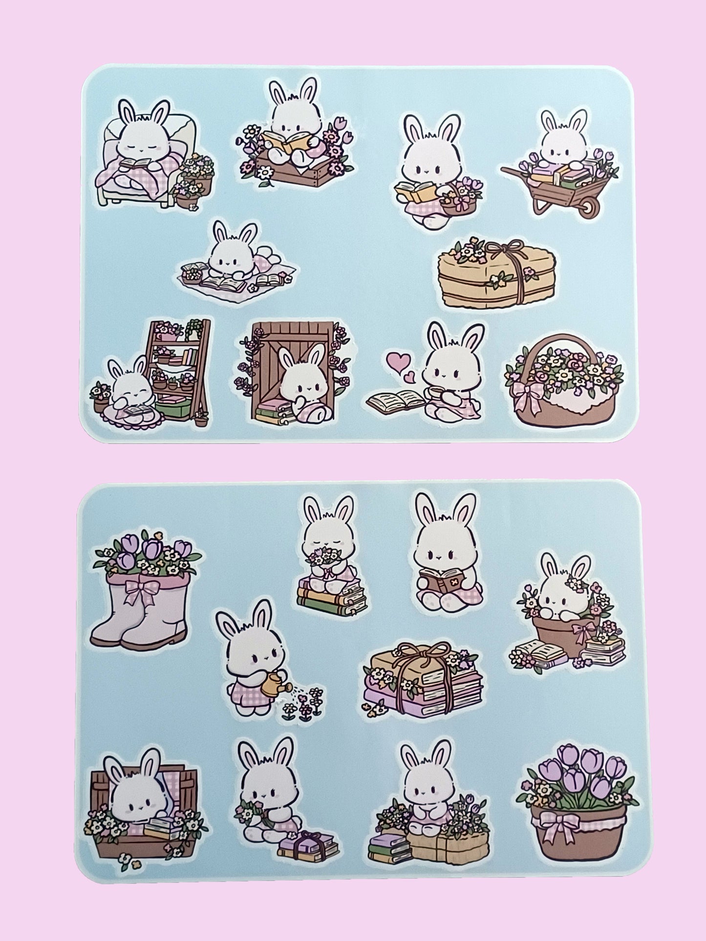 Flower Bunny Book Worm Sticker Sheet 5.5" x 6.5"