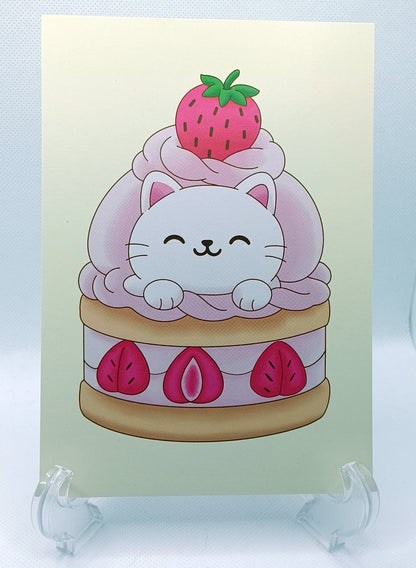 Strawberry Kitty Dessert Print Wall Art Gift Decor Photo Kawaii Style Home Aesthetic Cat Pastel Cute 5x7